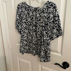 LOFT Navy and White Floral Boatneck Top